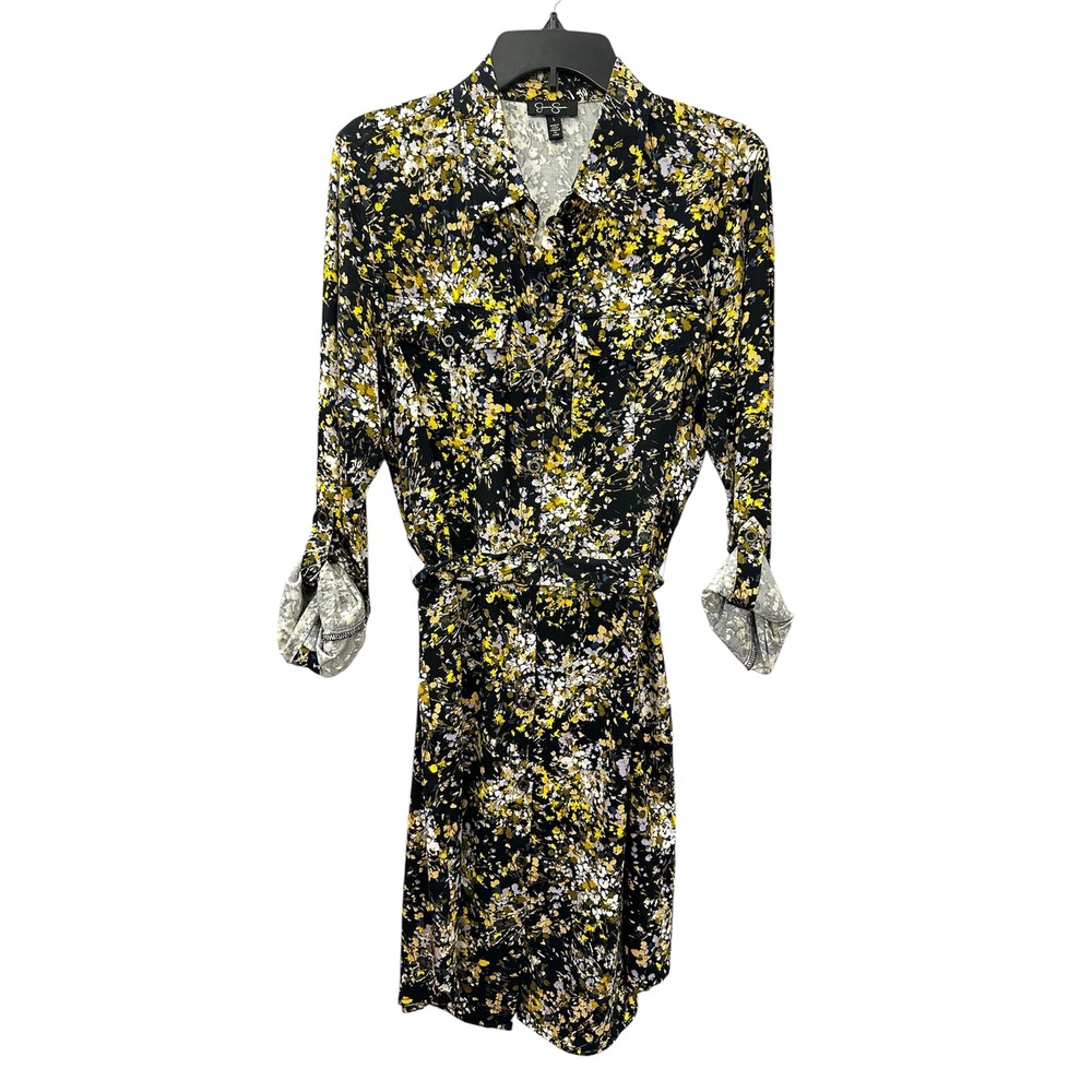 Jessica Simpson Dress Collared Button Front Black Yellow Floral Print Size Large